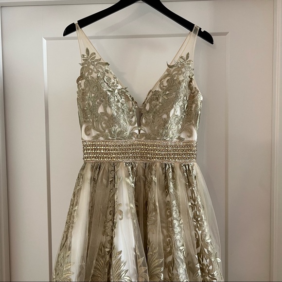 Gold Embroidered Tulle Evening Gown Dress - Picture 7 of 9